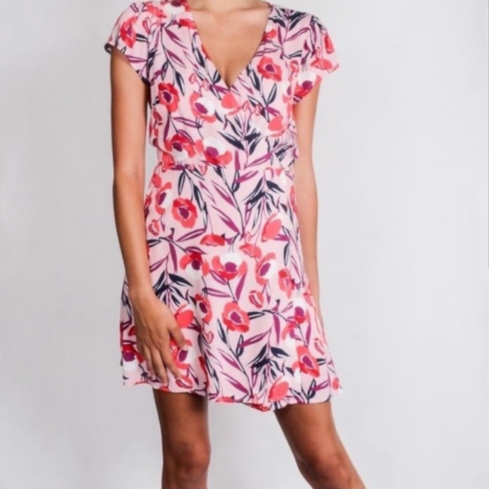Pink floral wrap mini dress